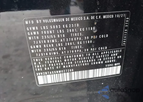 2022 Volkswagen Tiguan 2.0T Se из США, поврежденный, VIN 3VV2B7AXXNM027266